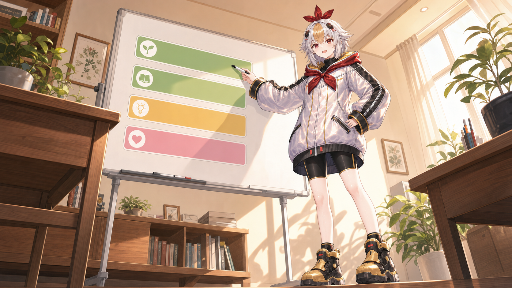 4つの層をホワイトボードで説明するこっこちゃん