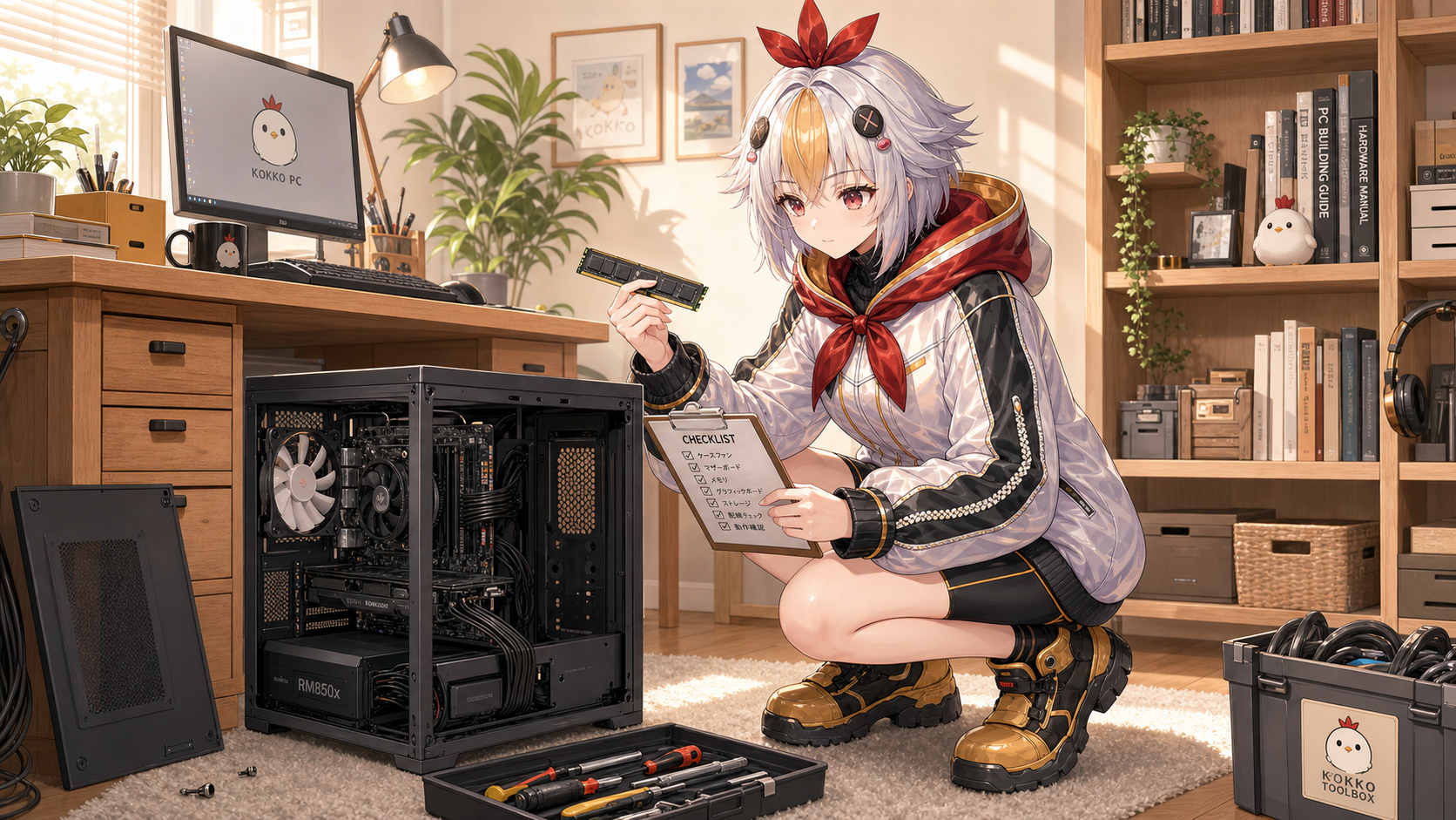PCのパーツを一つずつチェックしているこっこちゃん