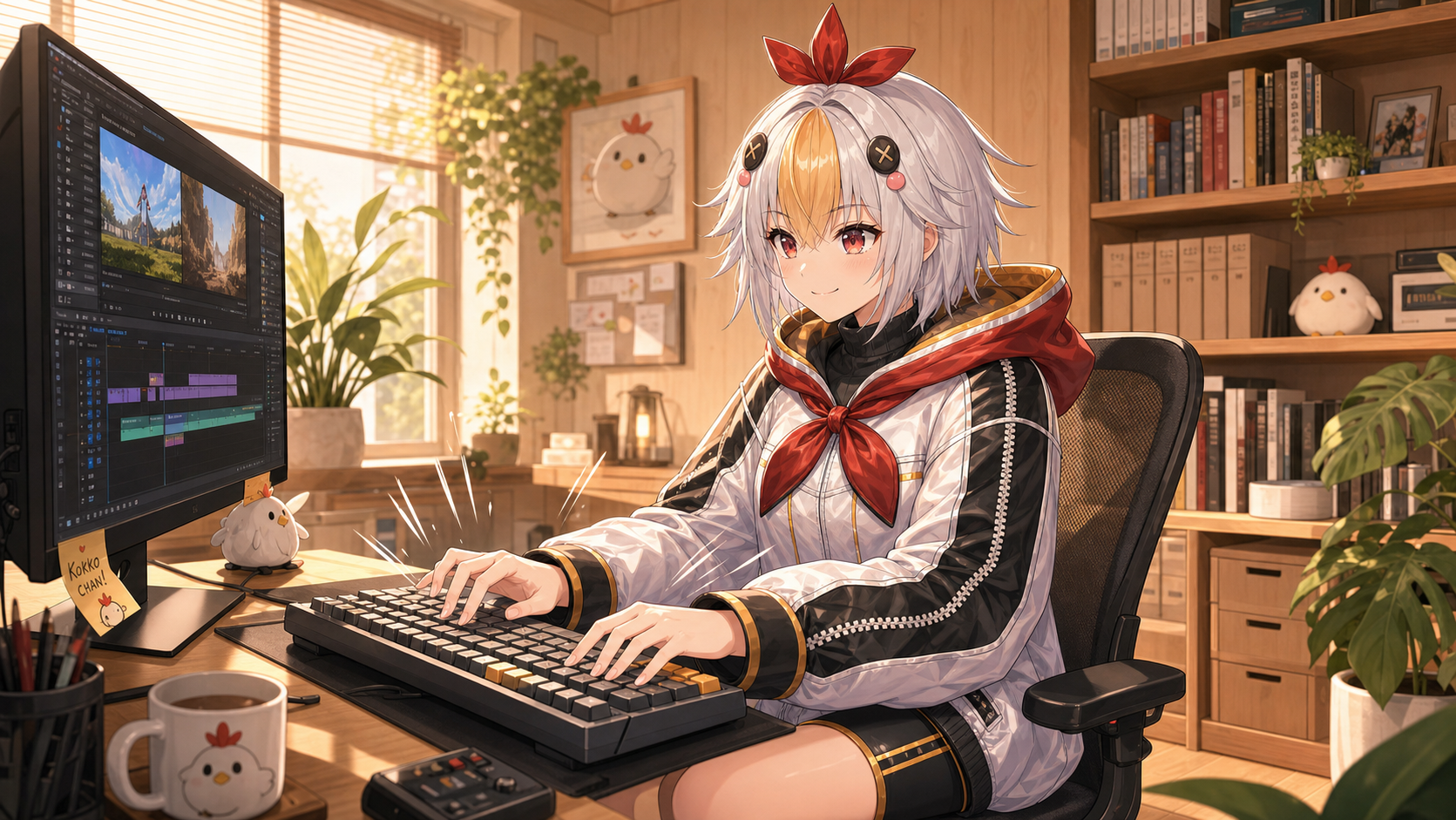 こっこちゃんがキーボードに手を置いて颯爽と編集している図(画面には編集タイムライン)