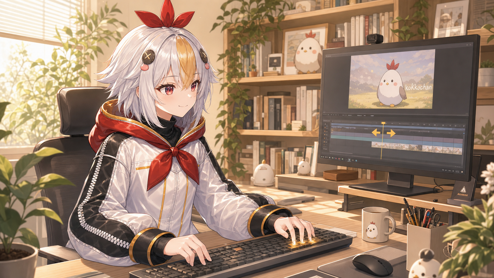 J・K・Lキーを押しながら素材を確認しているこっこちゃん