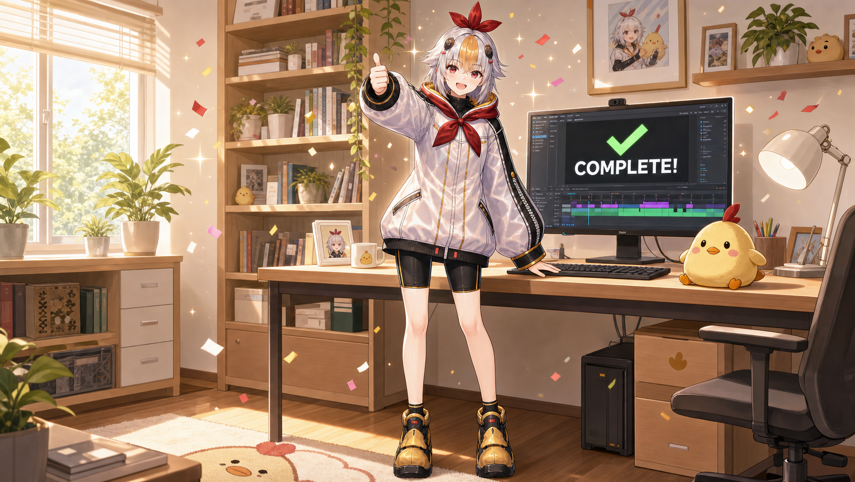 編集を素早く終えて満足そうにサムズアップするこっこちゃん