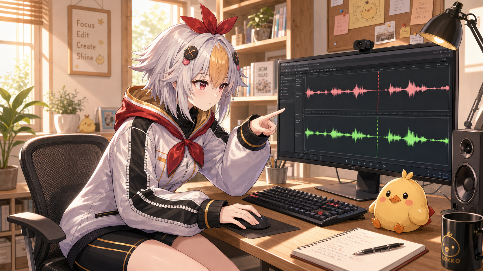 Premiere Proで音ズレの波形を確認しているこっこちゃん