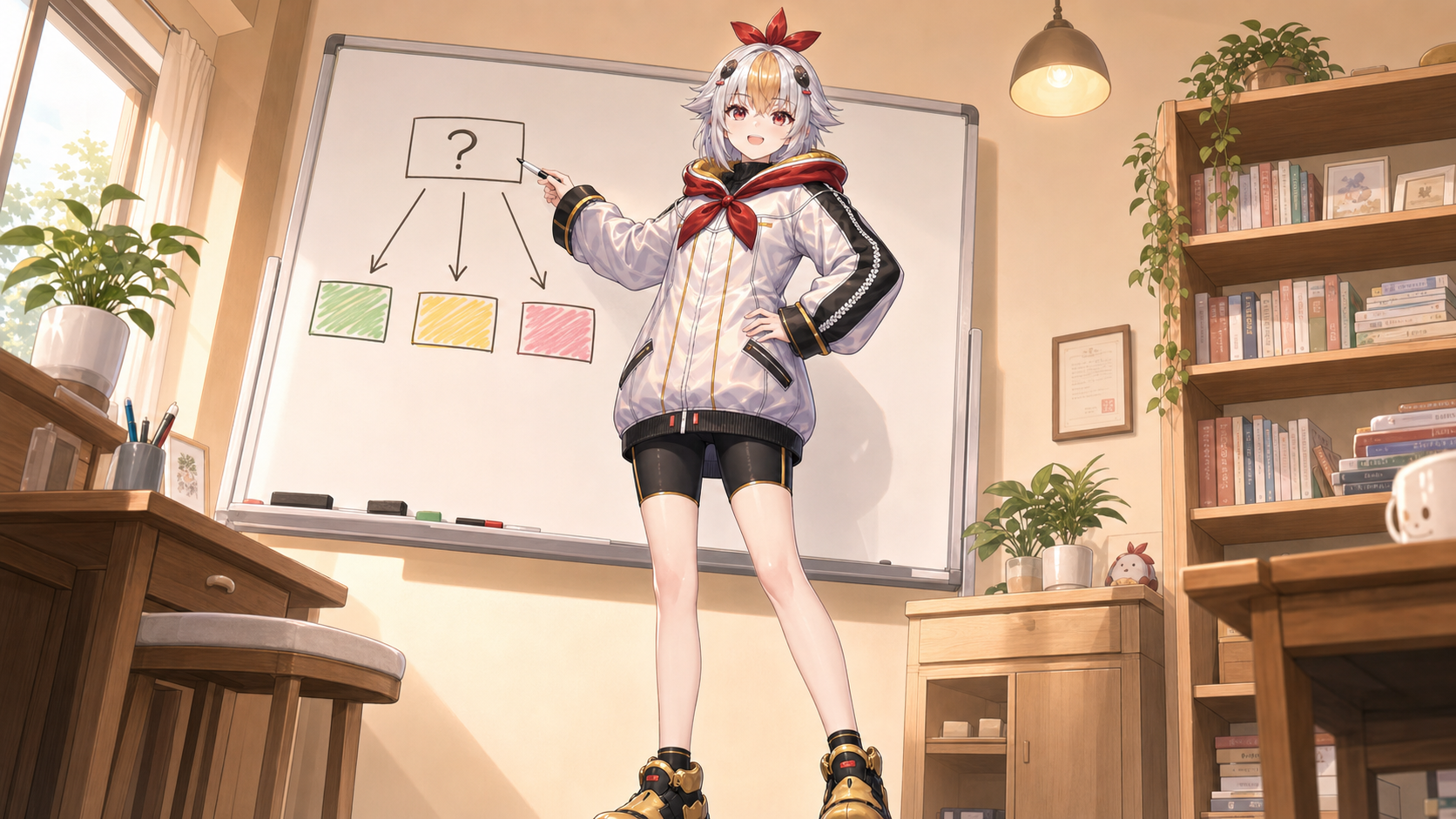 ズレの原因をホワイトボードで切り分けて説明するこっこちゃん