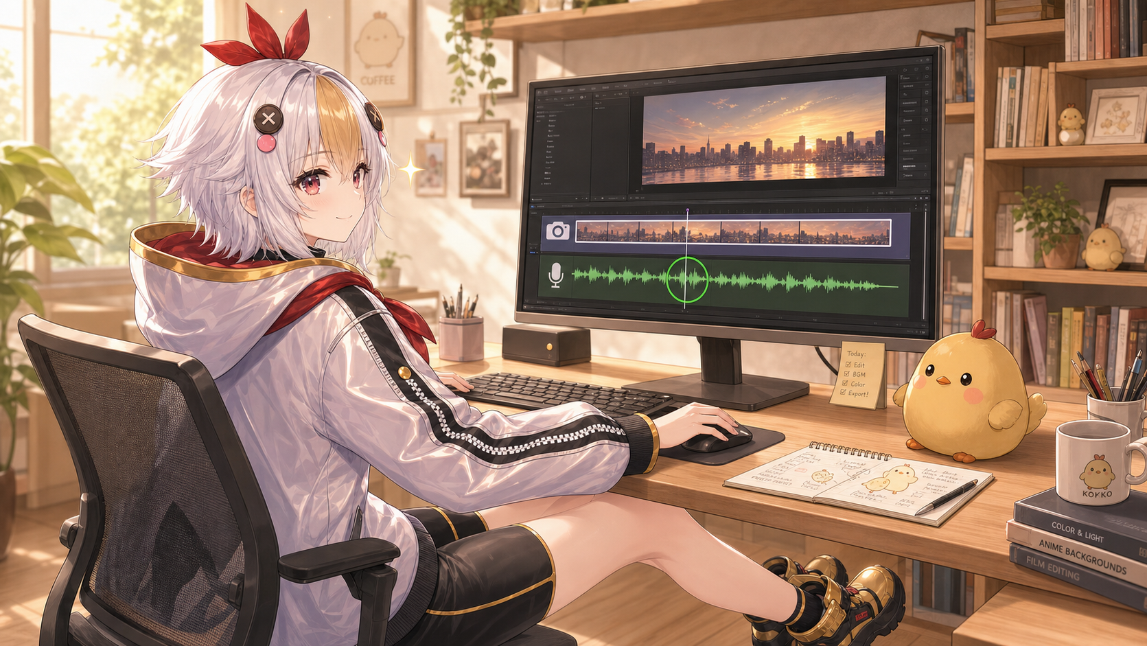 別録りの映像とマイク音声を波形で同期させているこっこちゃん
