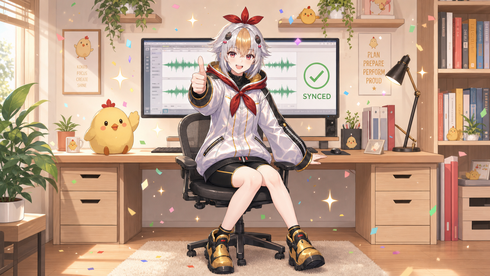 音ズレを直し終えて同期完了の画面にサムズアップするこっこちゃん