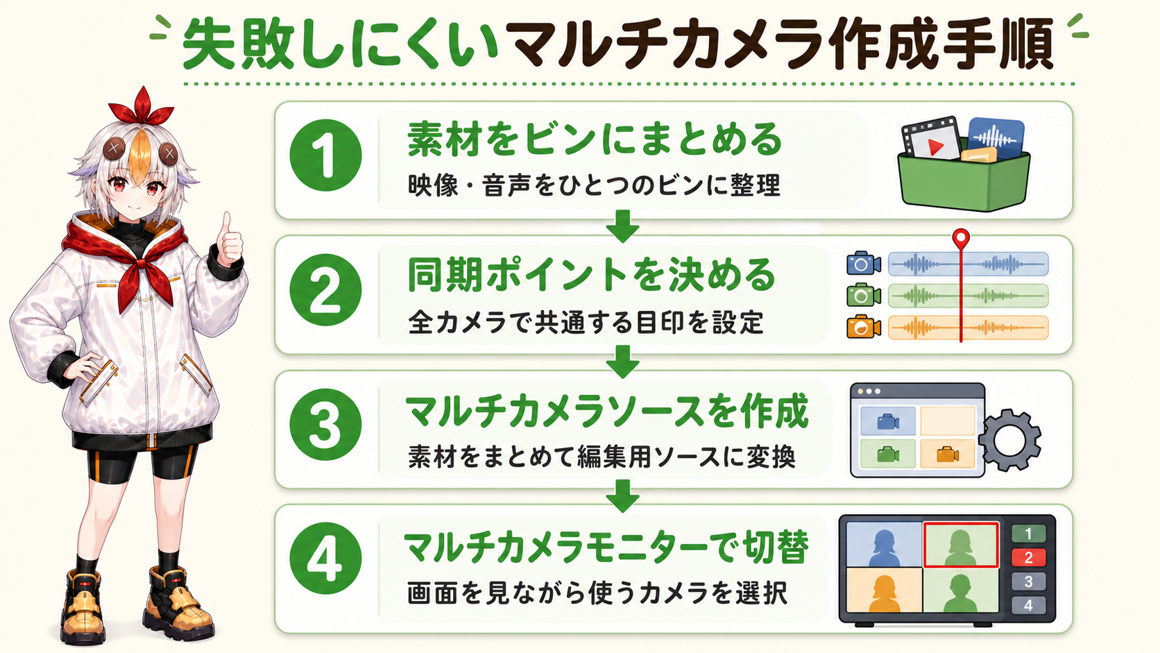 マルチカメラの作成手順：素材をまとめる→同期→ソース作成→切替の4ステップ図解