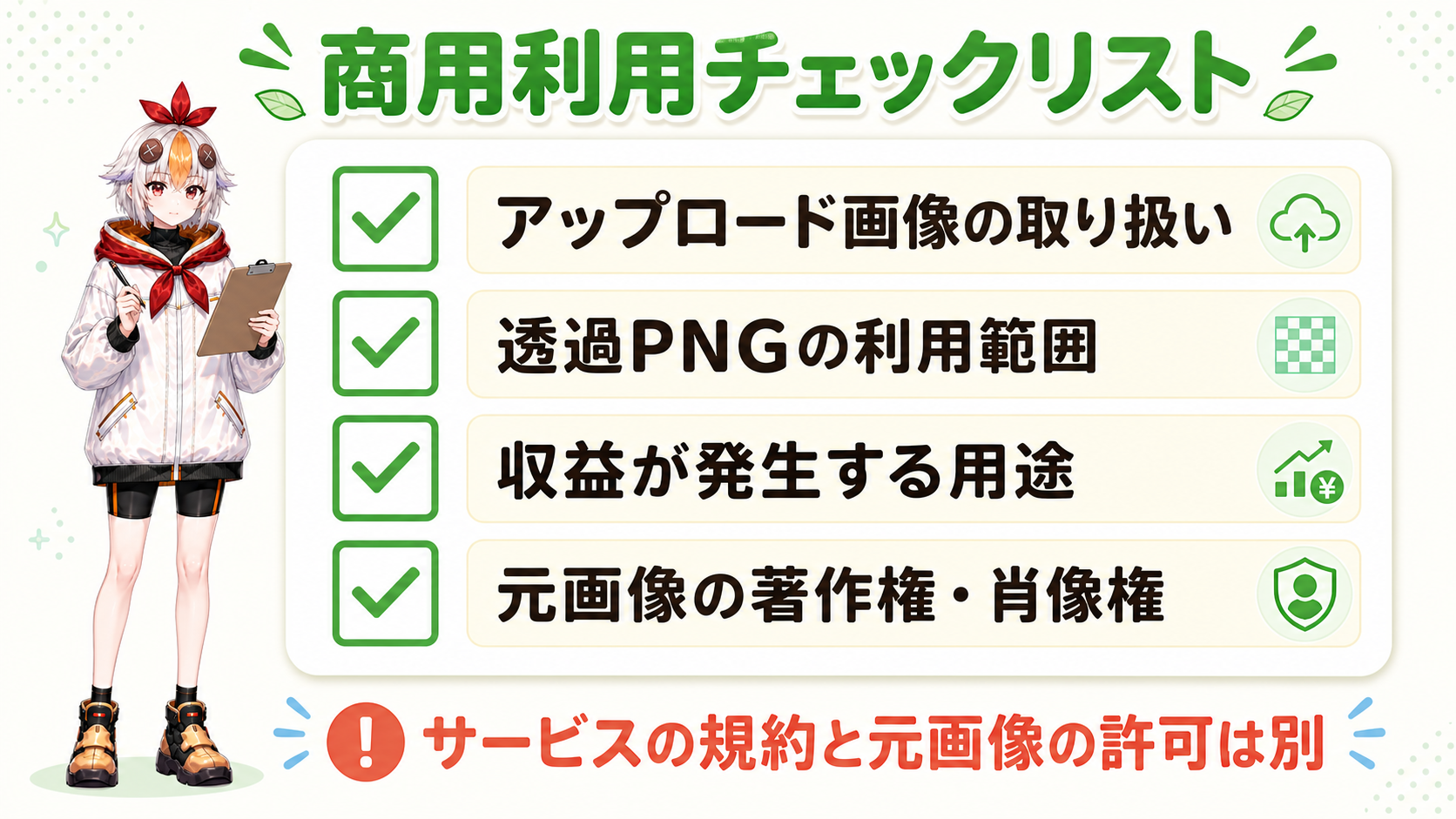 商用利用チェックリスト：アップロード画像・利用範囲・収益用途・著作権の図解