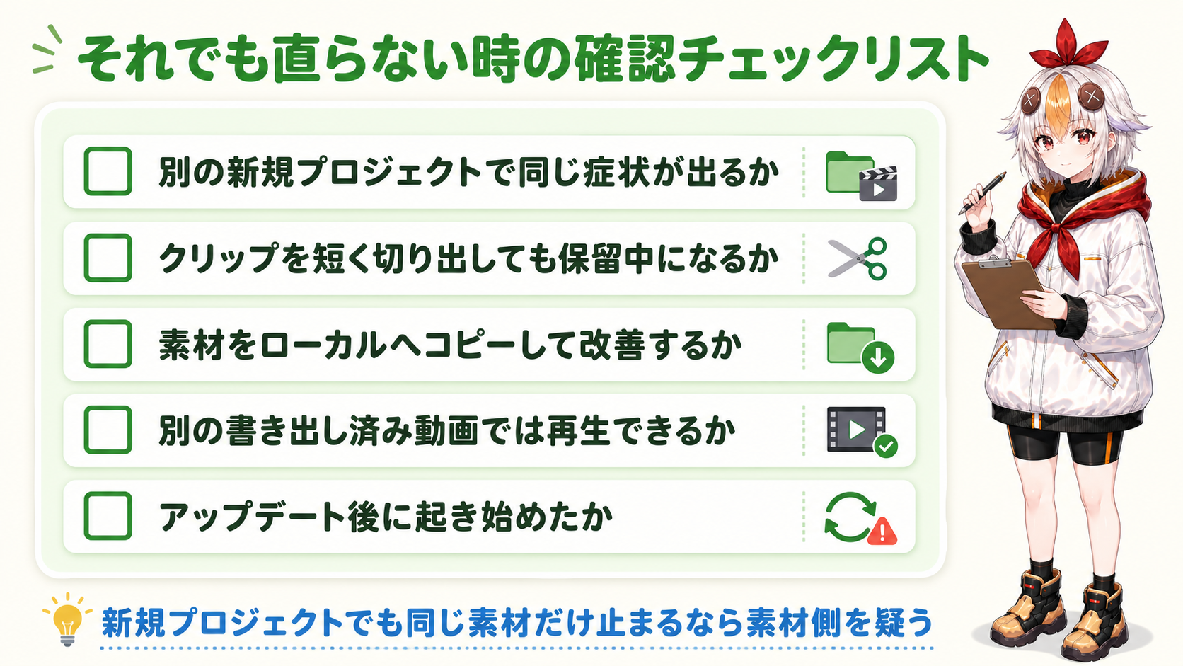 それでも直らない時の確認チェックリスト:新規プロジェクト・クリップ切り出し・ローカルコピーなど5項目の図解