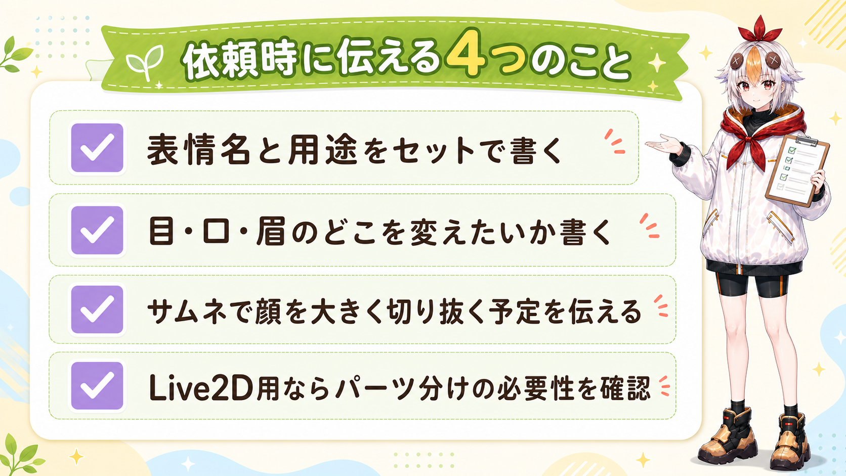 表情差分を依頼する時に伝える4つのことの図解