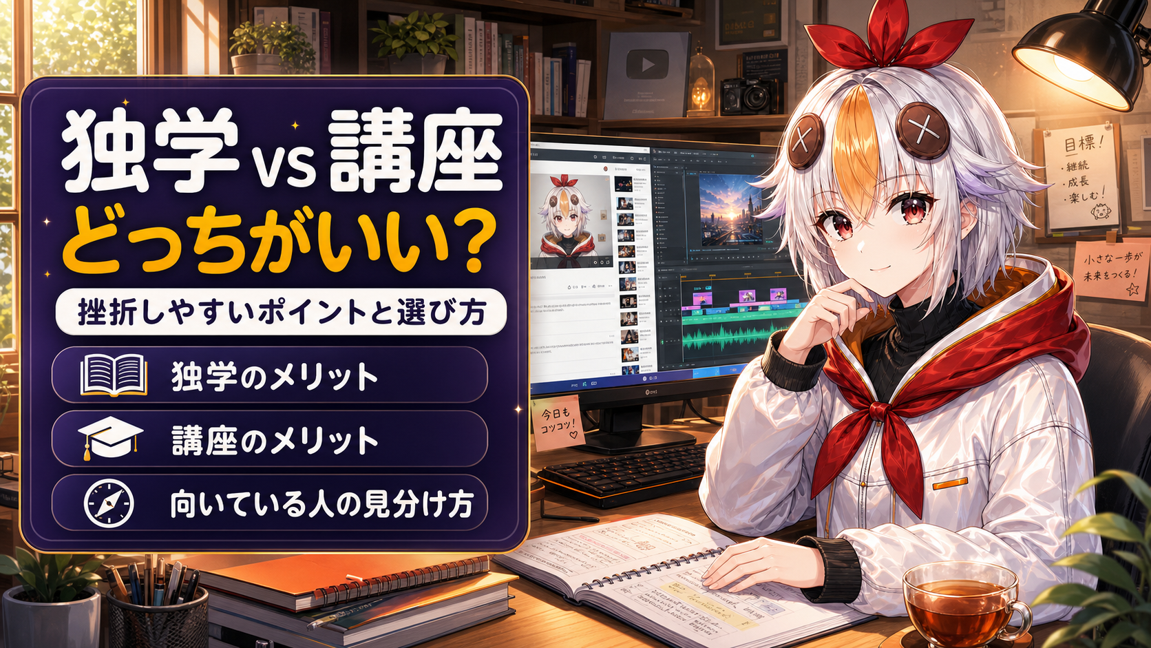 動画編集を独学とスクール・講座どちらで学ぶか比較する図解