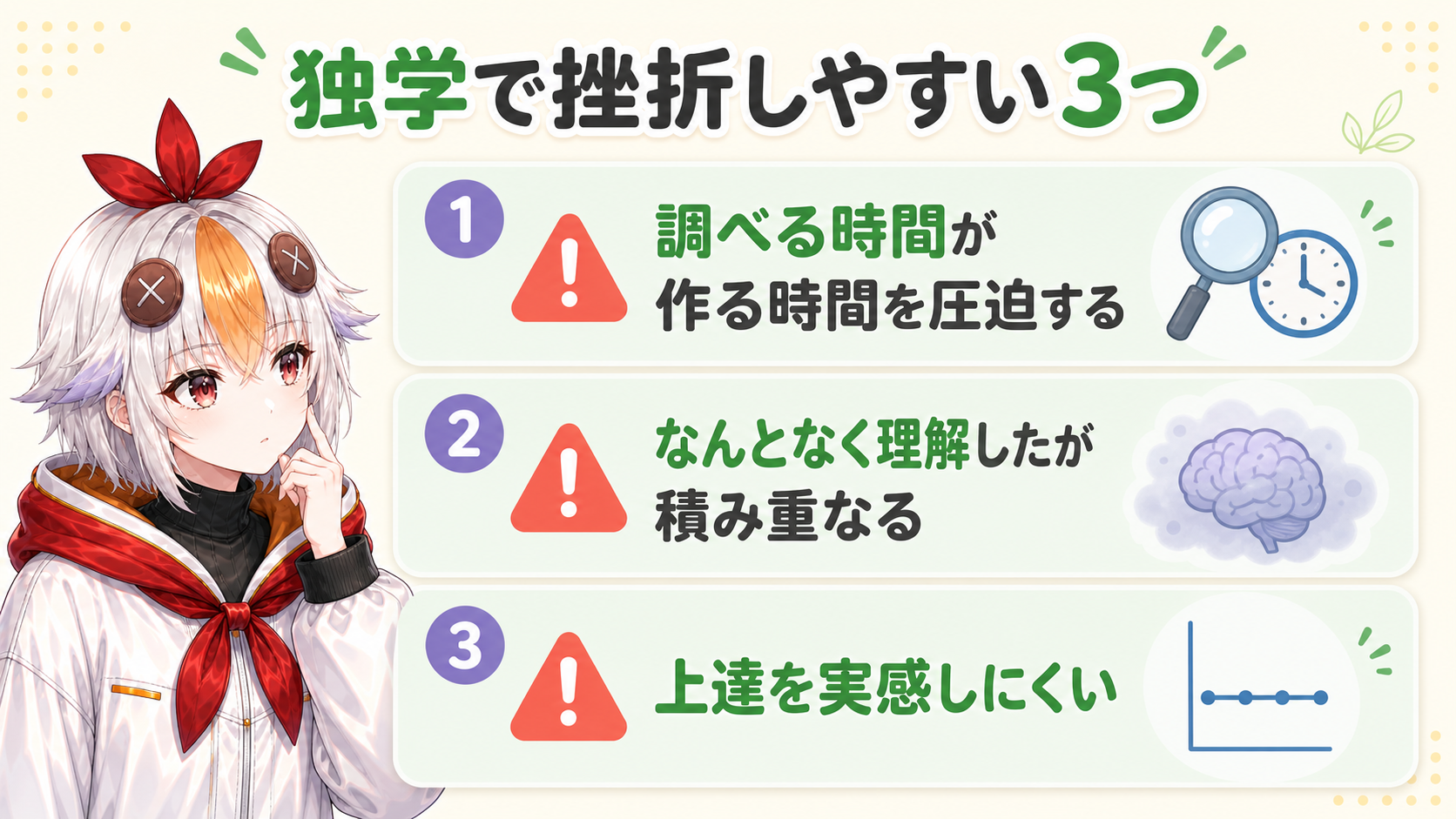 独学で挫折しやすい3つのポイントの図解