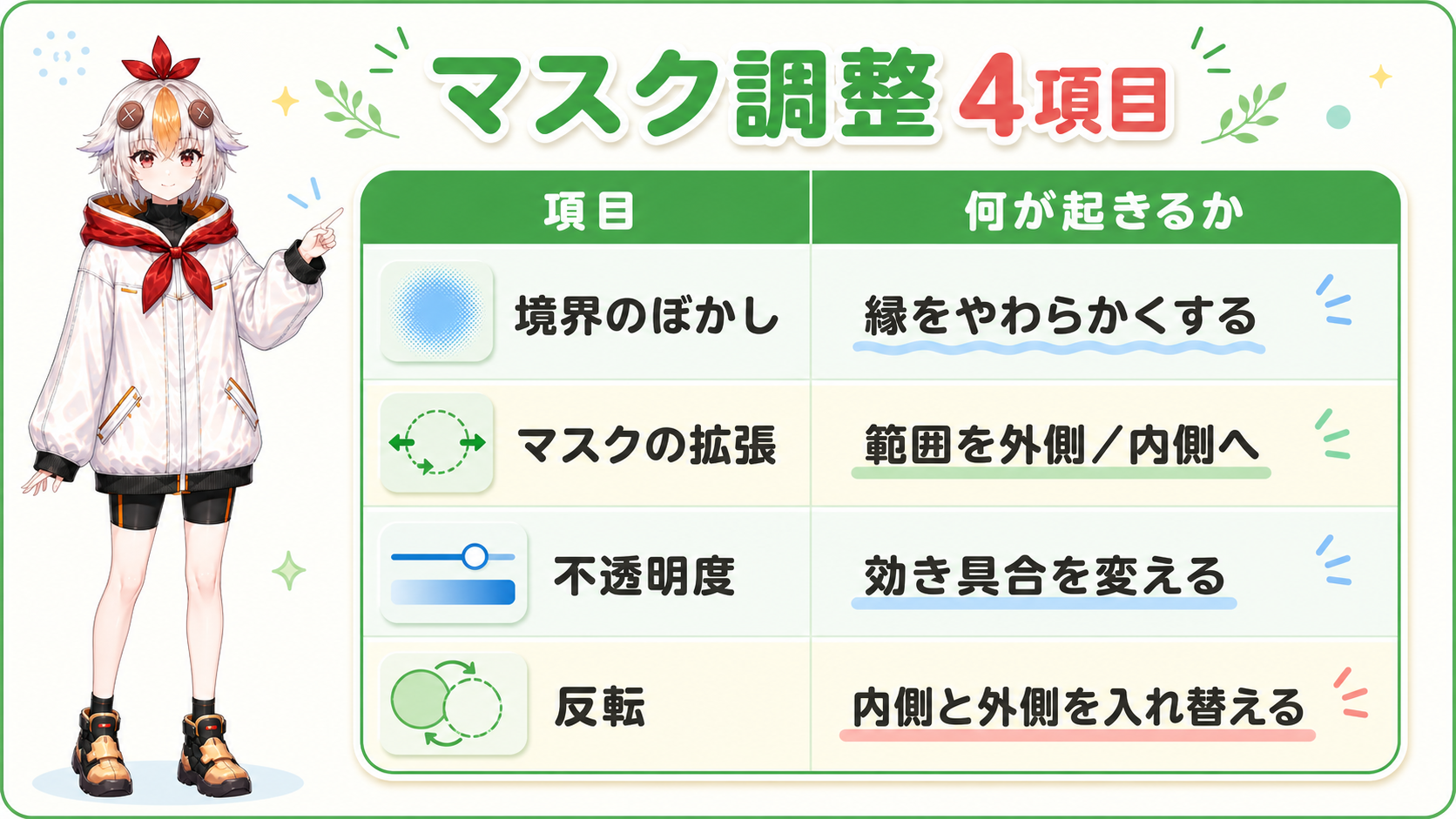 マスク調整の4項目と、それぞれ何が起きるかの早見表