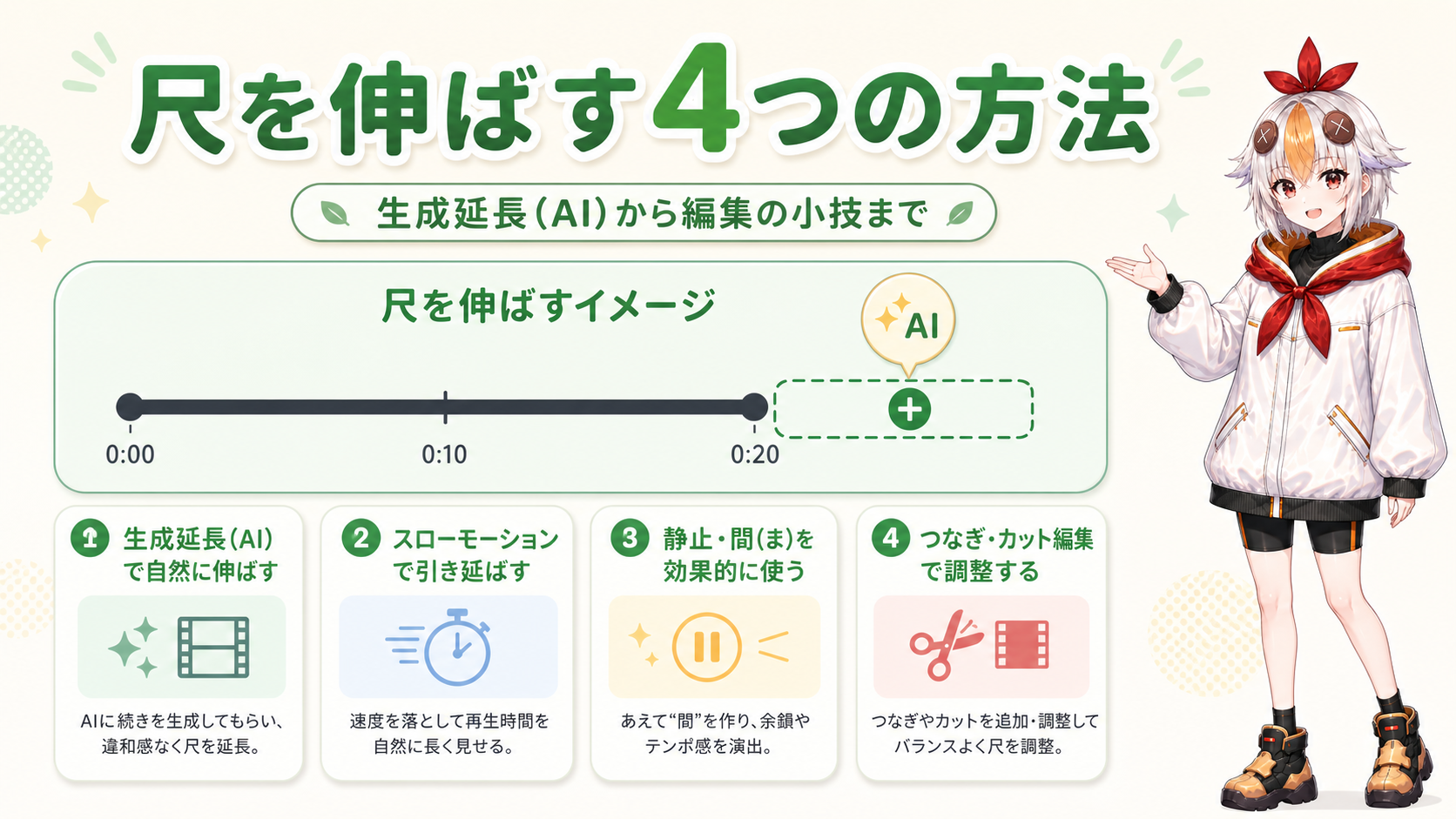 動画の尺が足りない時に伸ばす4つの方法【2026年版】生成延長(AI)から編集の小技まで