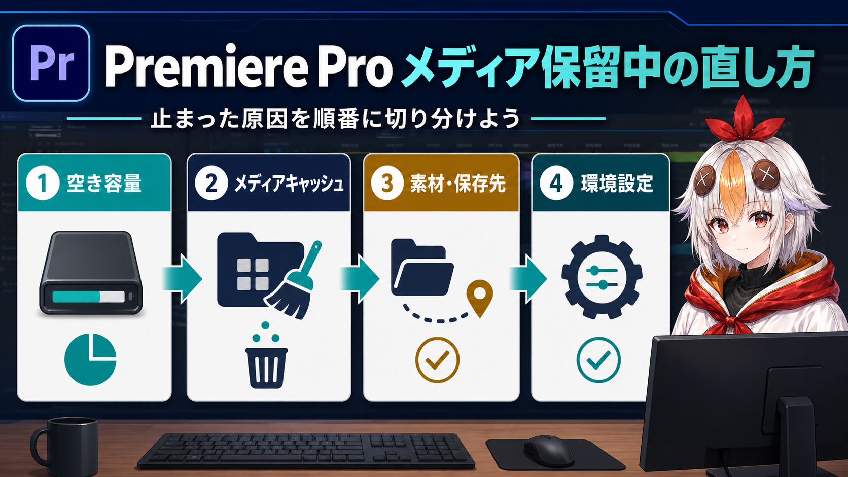 Premiere Proのメディア保留中を空き容量、メディアキャッシュ、素材保存先、環境設定の順に確認する図解