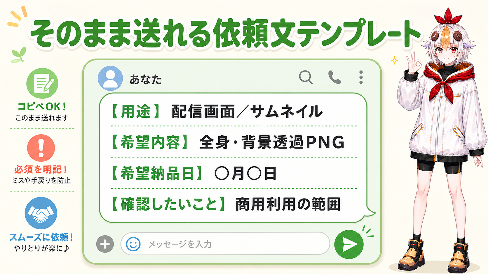 立ち絵依頼で使える依頼文テンプレートのイメージ図解
