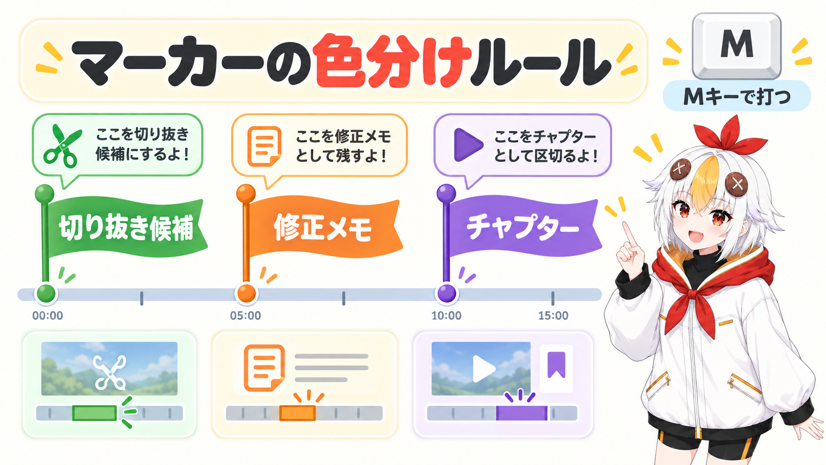 タイムライン上の色分けされたマーカーを指差して説明するこっこちゃん