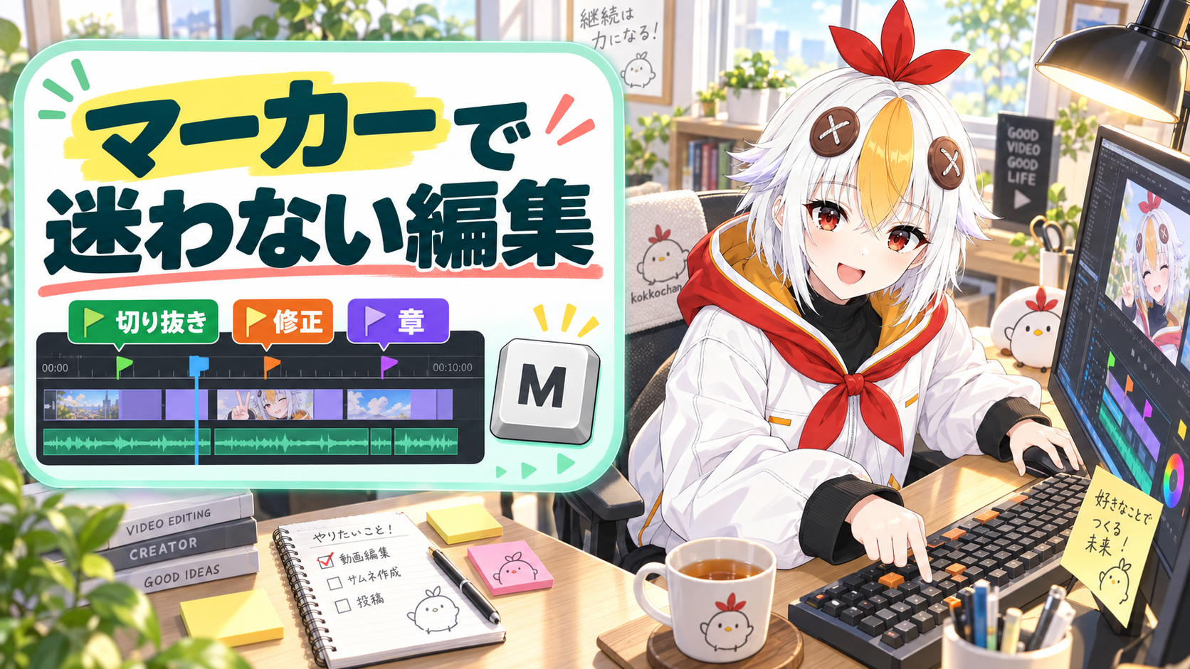 タイムライン上に色分けされたマーカーを打っているこっこちゃん