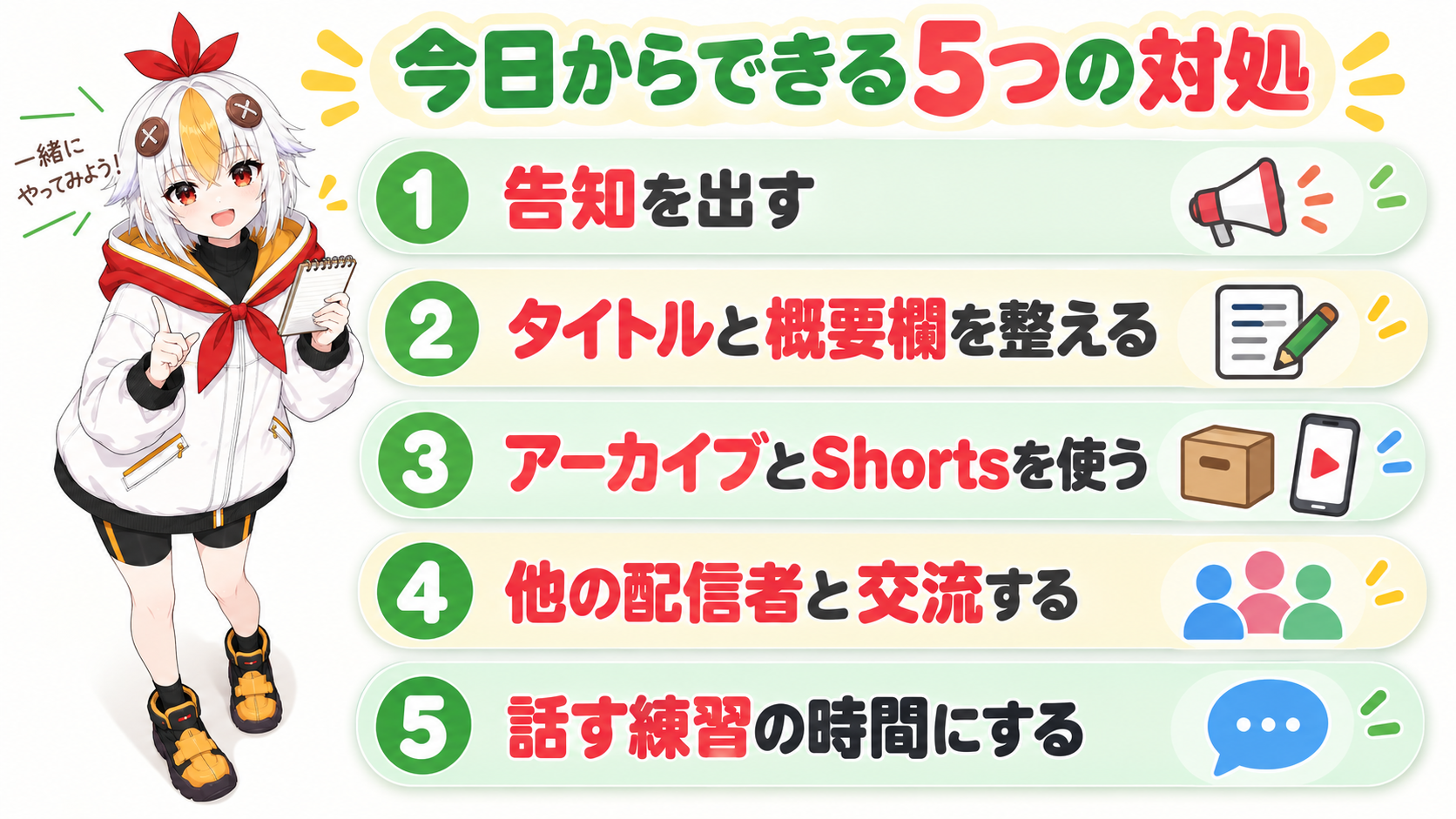 5つの対処を一覧で示しているこっこちゃん