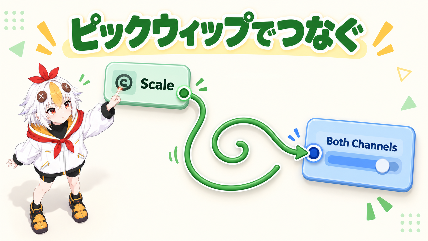 ピックウィップでAudio Amplitudeのスライダーをスケールにつなぐエクスプレッションのしくみを示すインフォグラフィック
