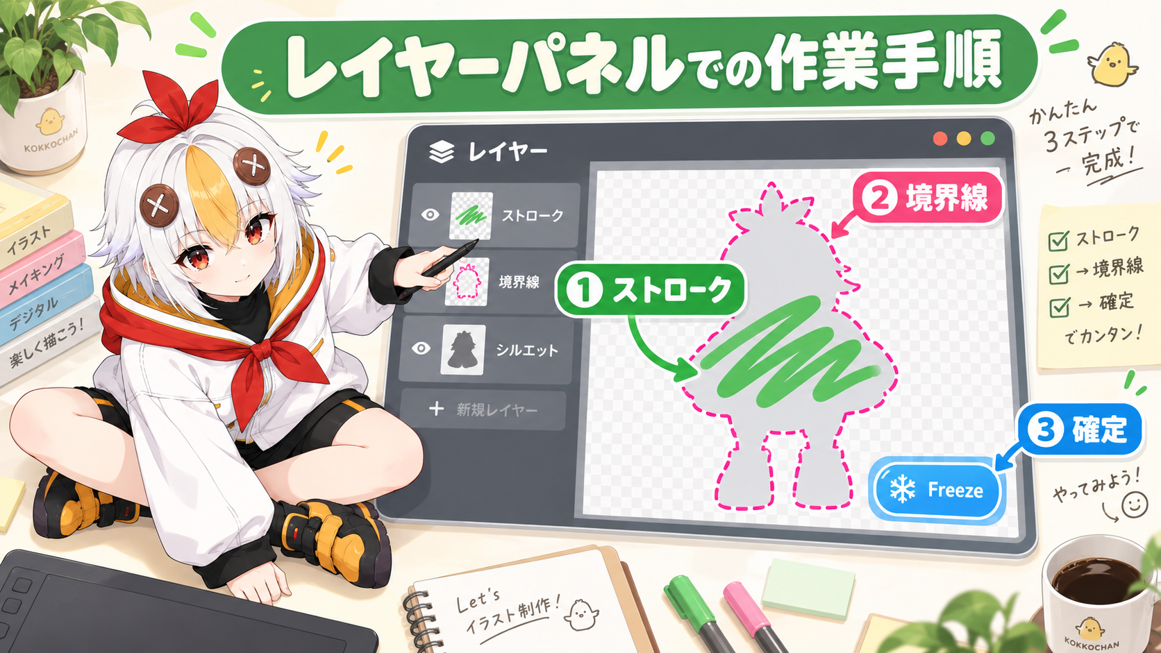 レイヤーパネルでストロークを描き境界線を確定させるRoto Brushの作業手順を示すインフォグラフィック