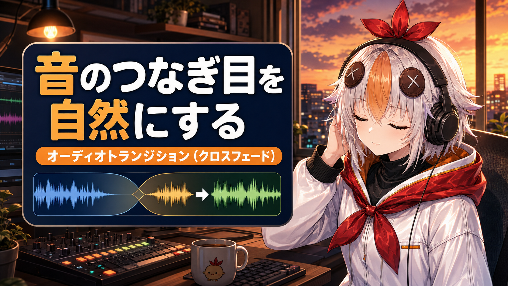 こっこちゃんが2つの音声波形が滑らかにつながるタイムラインを見せている図