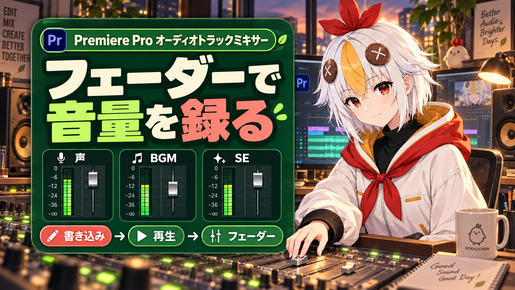 こっこちゃんがオーディオトラックミキサーのフェーダーをリアルタイムで動かしている図