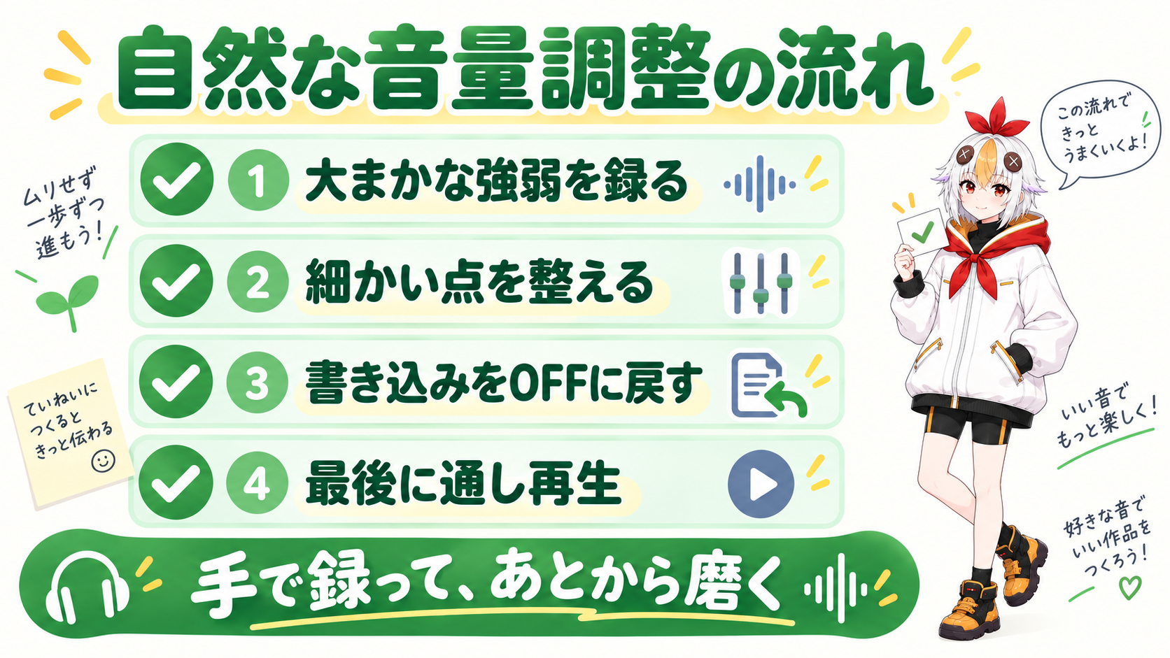 音量調整が完成して満足そうなこっこちゃん