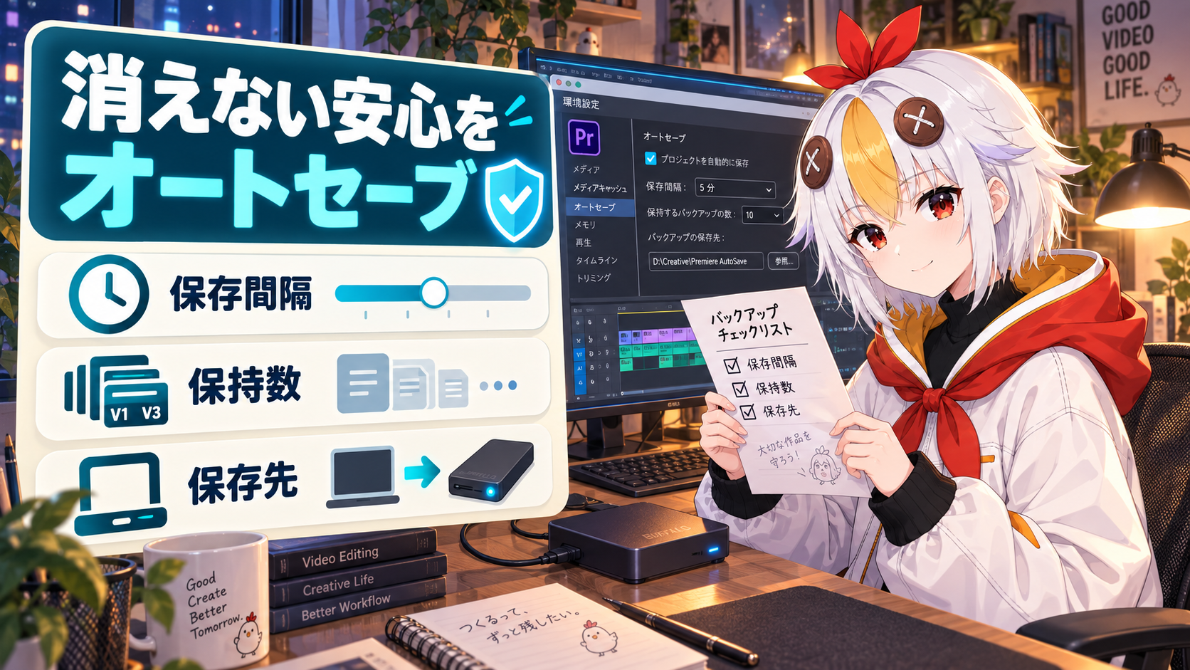こっこちゃんがPremiere Proのオートセーブ設定とバックアップ項目を確認している図