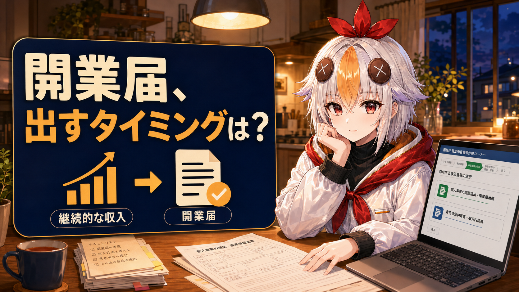 開業届の書類を前に考えながら手を置いているこっこちゃん