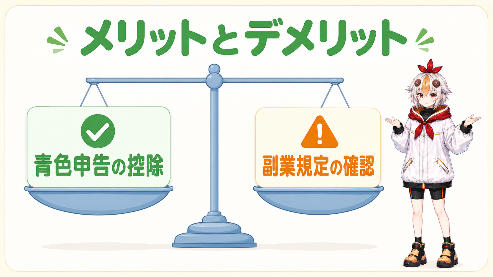 メリットとデメリットを天秤にかけて見せているこっこちゃん