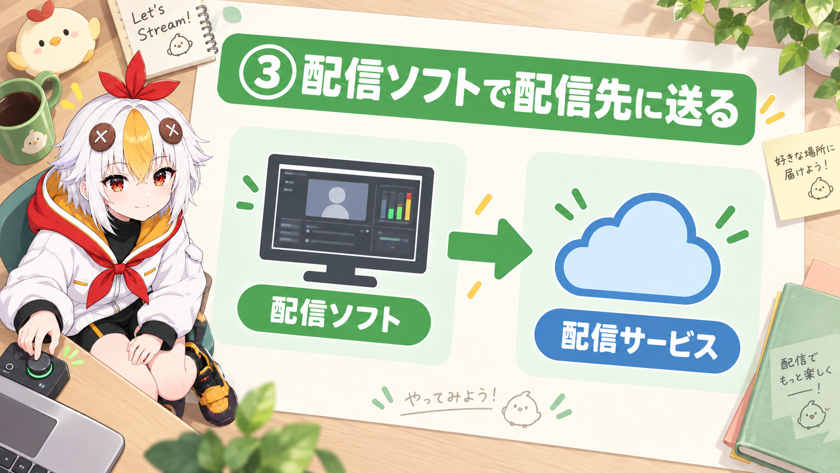 配信ソフトの設定画面を確認しているこっこちゃん