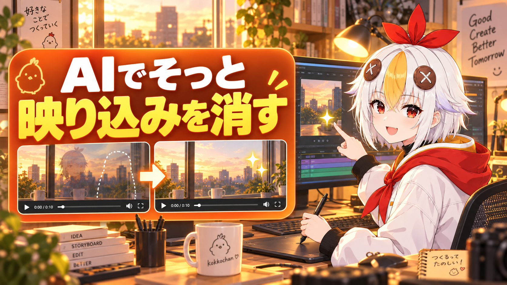 こっこちゃんがAfter Effectsのコンテンツに応じた塗りで映り込んだマイクを消している図