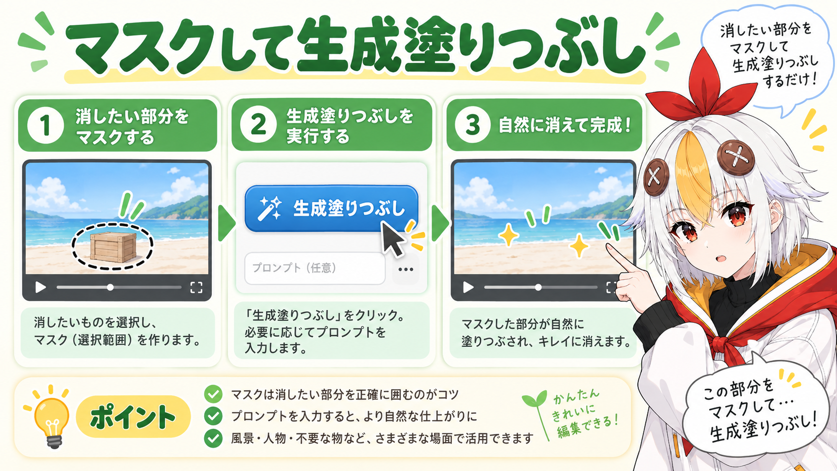 マスクで囲んだ範囲に生成塗りつぶしを実行しているこっこちゃん