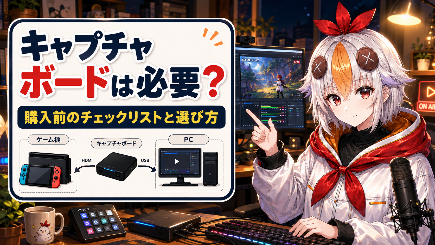 こっこちゃんがキャプチャボードとゲーム機・PCの接続を確認している図
