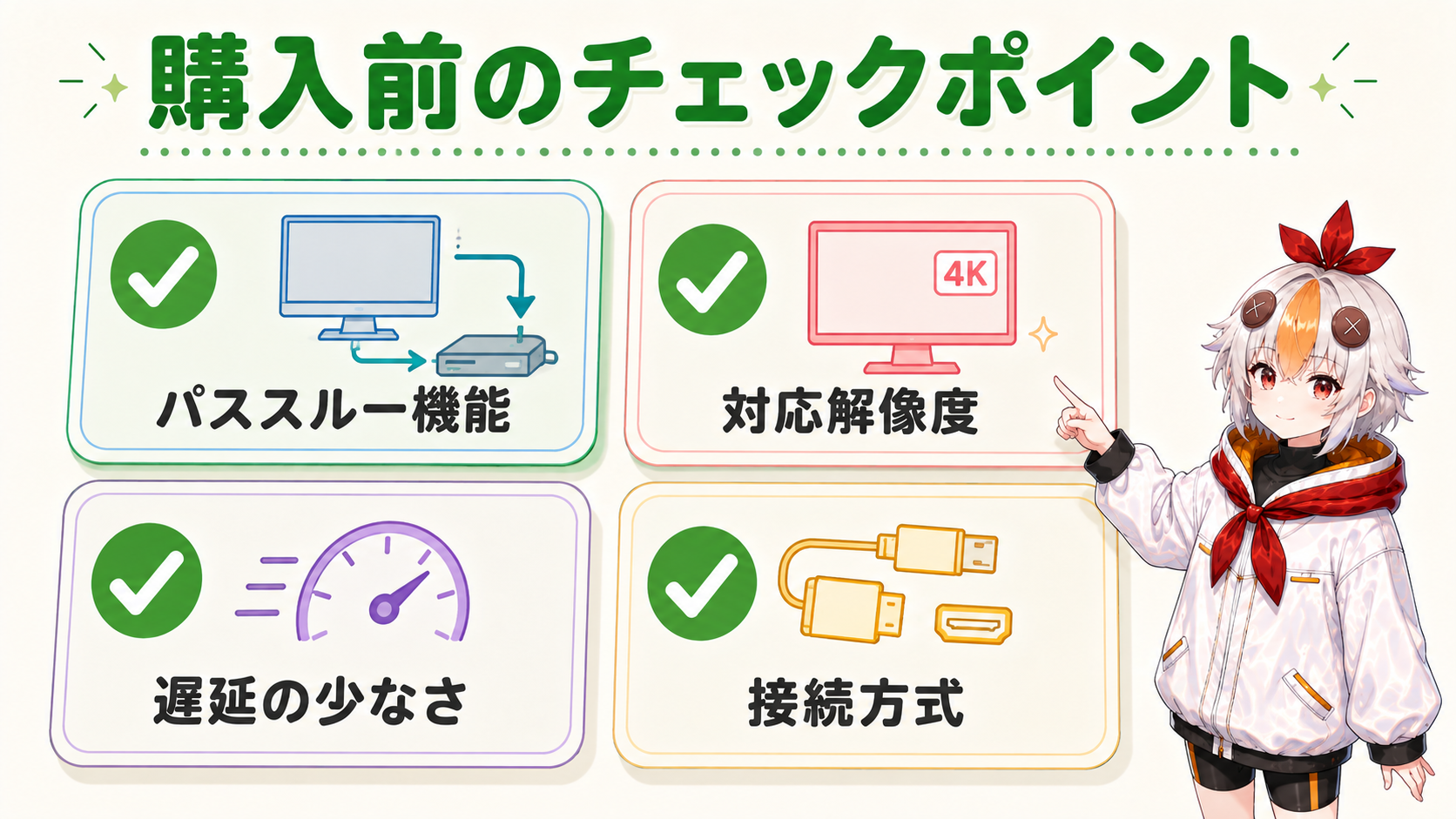 パススルー機能や対応解像度の表を指し示しながら説明しているこっこちゃん