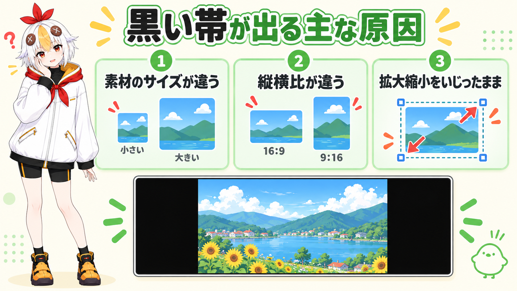 素材とシーケンスのサイズが合わず黒い帯が出る様子を説明しているこっこちゃん
