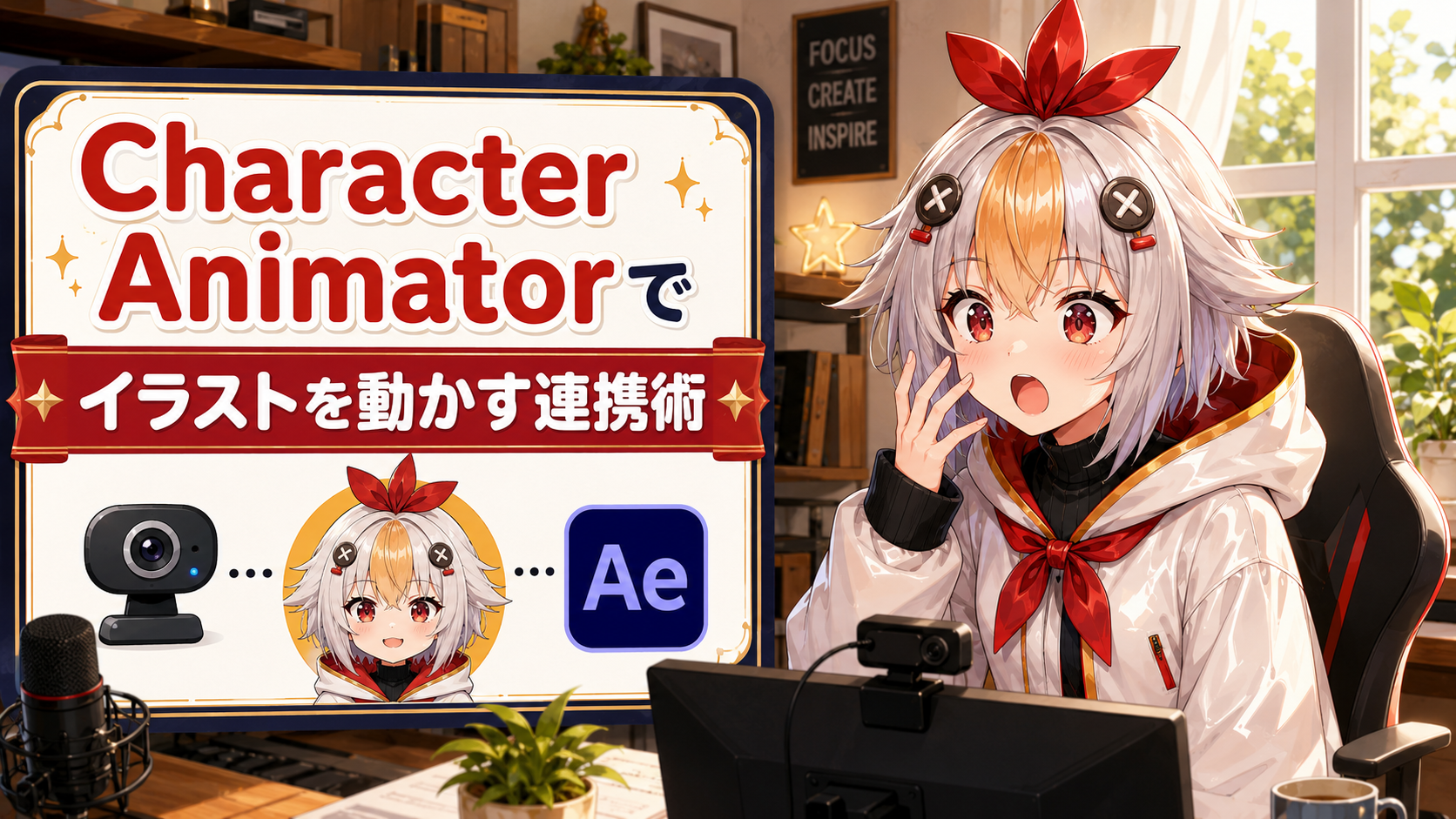 こっこちゃんがWebカメラの前で表情を動かしながらキャラクターが連動する画面を見せている図