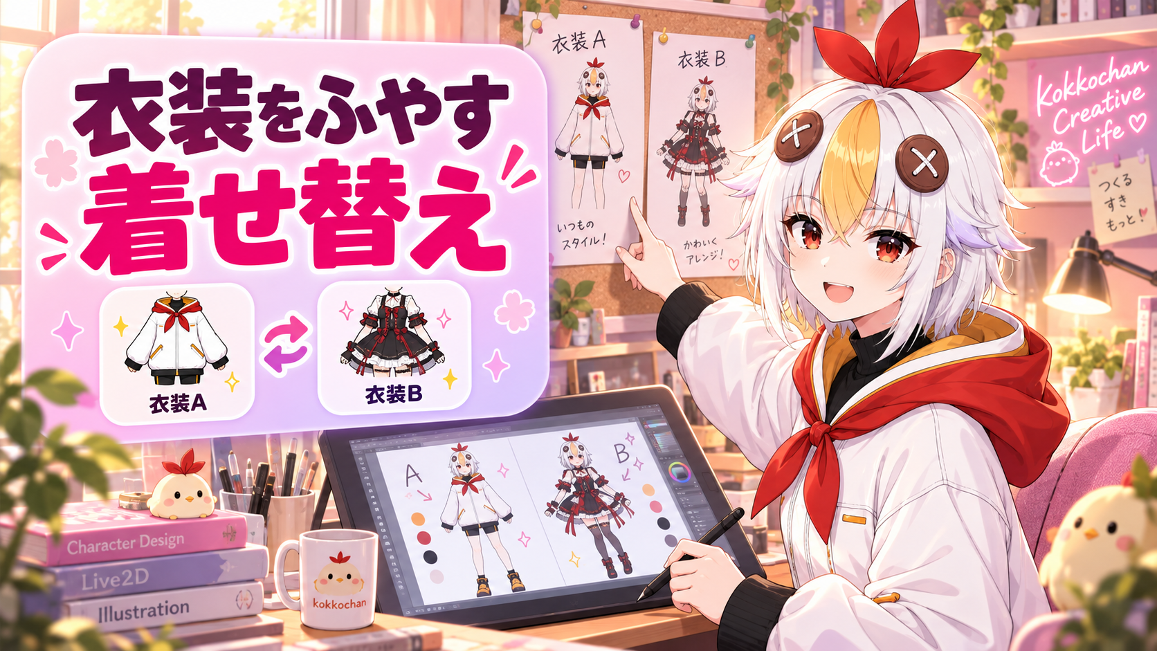 こっこちゃんが2着の衣装を並べてパーツ切り替えの仕組みを説明している図
