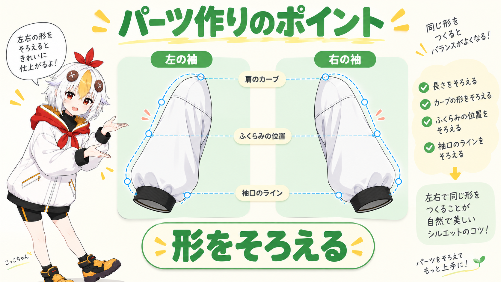 袖の形が違う2つの衣装パーツを見比べているこっこちゃん