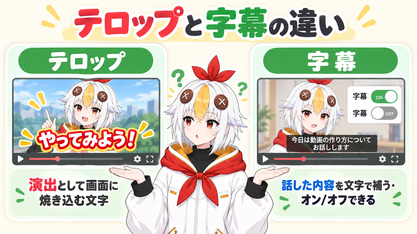 吹き出し風の大きなテロップ文字と、画面下の字幕バーを両手で見比べているこっこちゃんのクローズアップ