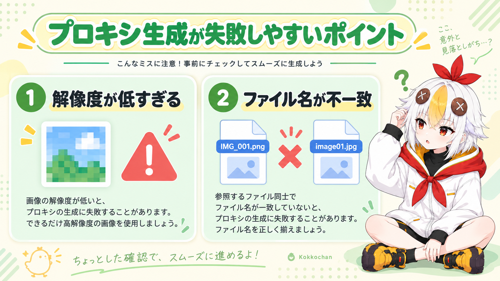 解像度が低すぎる場合とファイル名が不一致な場合というプロキシ生成の2つの失敗ポイントを示すインフォグラフィック