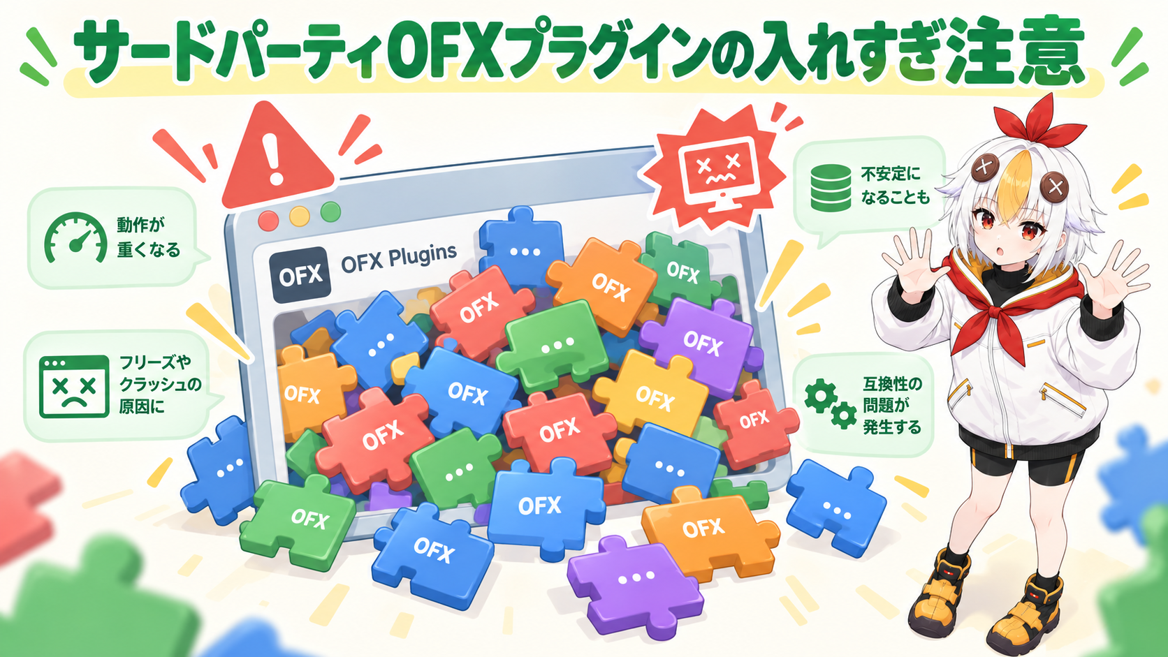 サードパーティOFXプラグインを入れすぎてソフトが不安定になる様子を示すインフォグラフィック