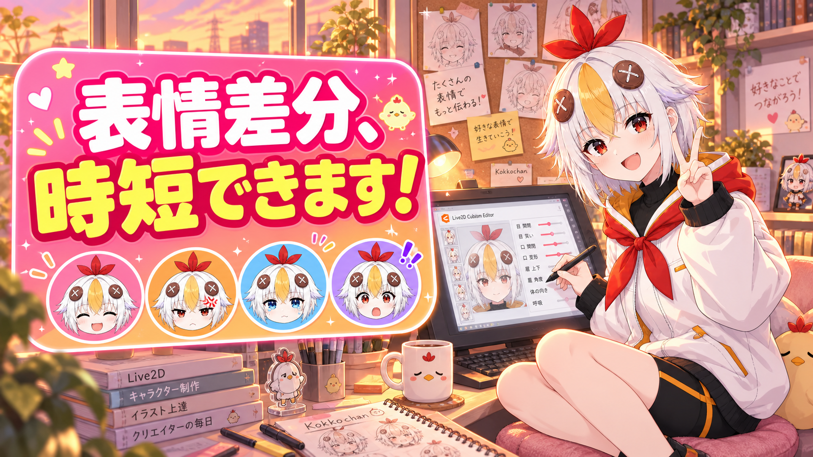 こっこちゃんが複数の表情差分パーツを並べて整理している図
