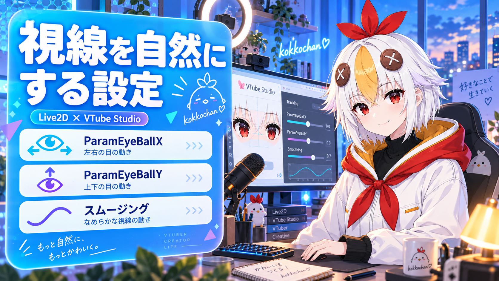 こっこちゃんがVTube Studioでモデルの視線設定を確認している図