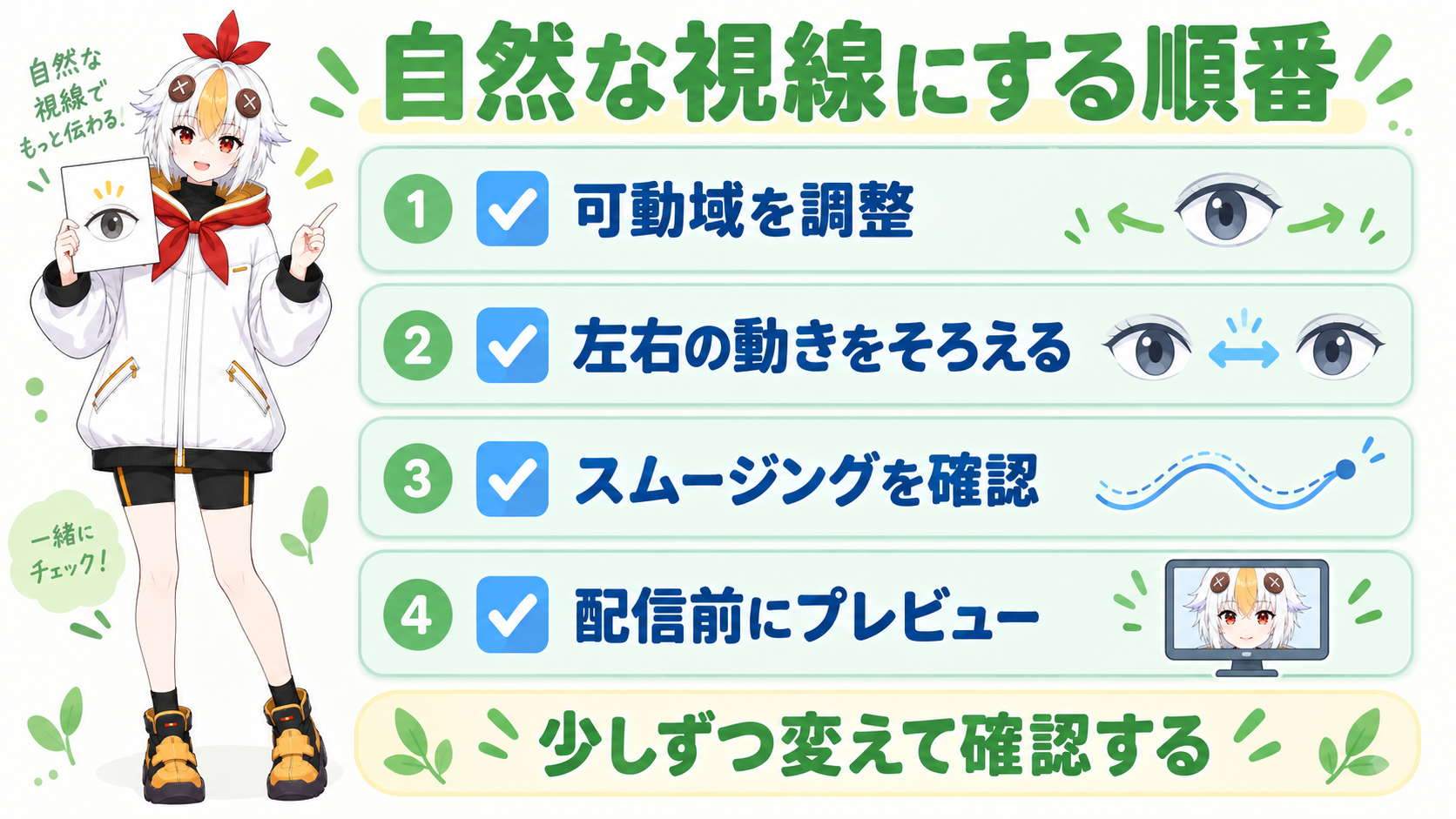 自然な視線の動きが完成して満足そうなこっこちゃん