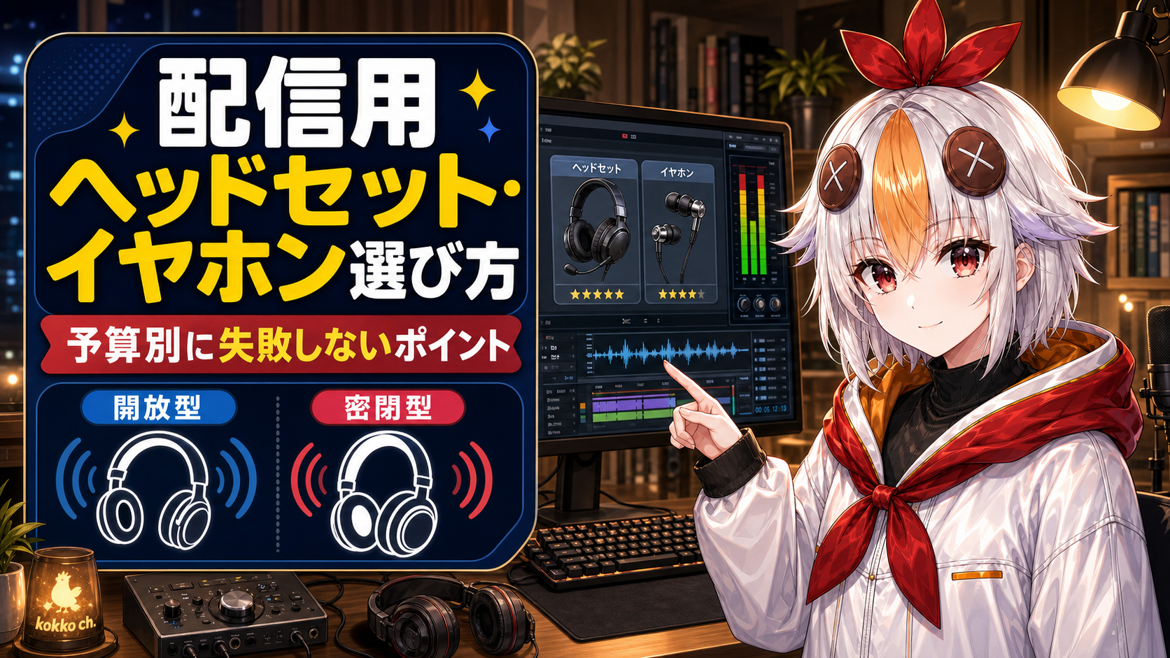こっこちゃんがヘッドホンを両手で持ち上げて選んでいる図（周りに複数のヘッドセット・イヤホンが並ぶ）