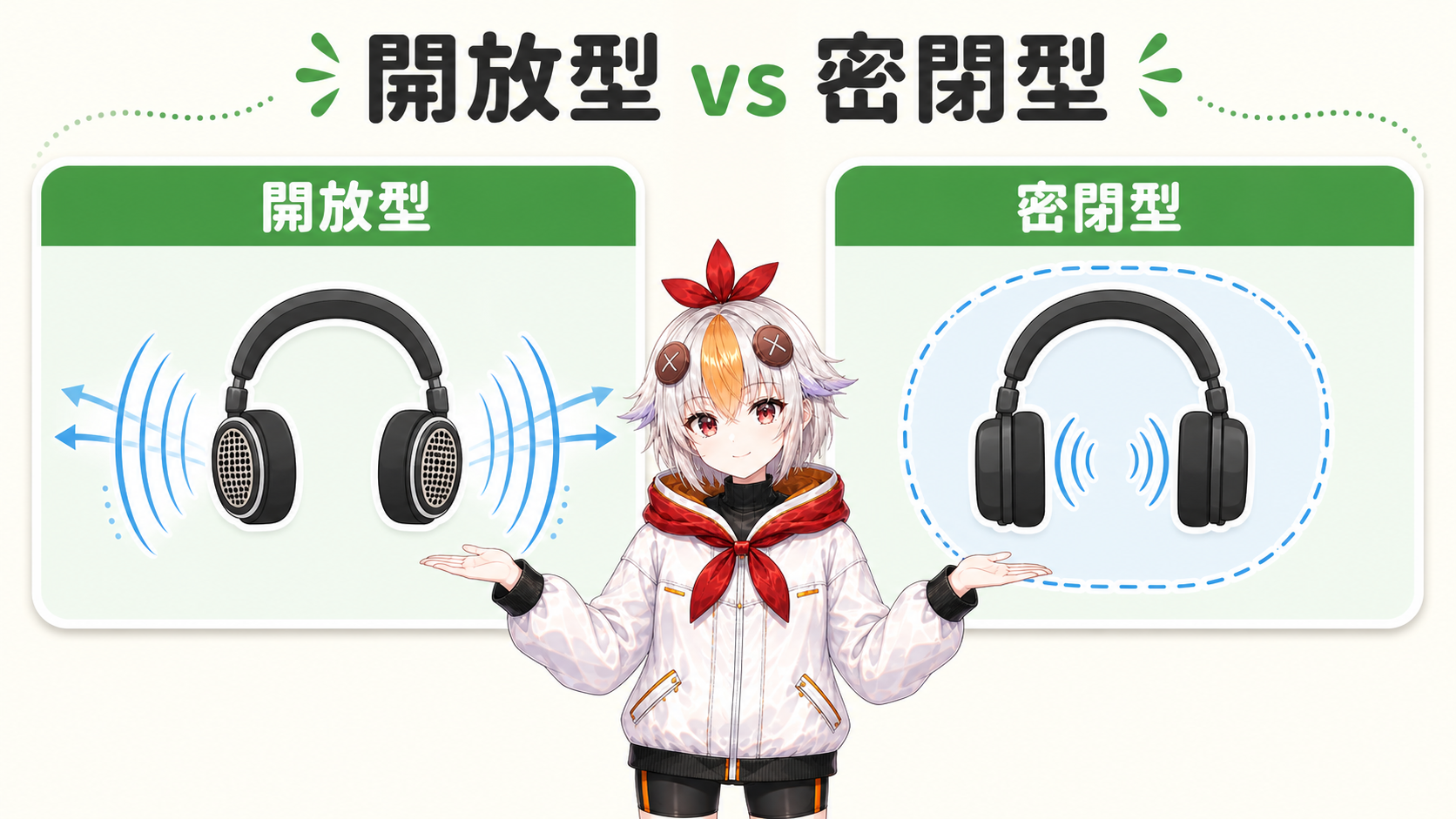 開放型と密閉型のヘッドホンを両手に持って見比べているこっこちゃん