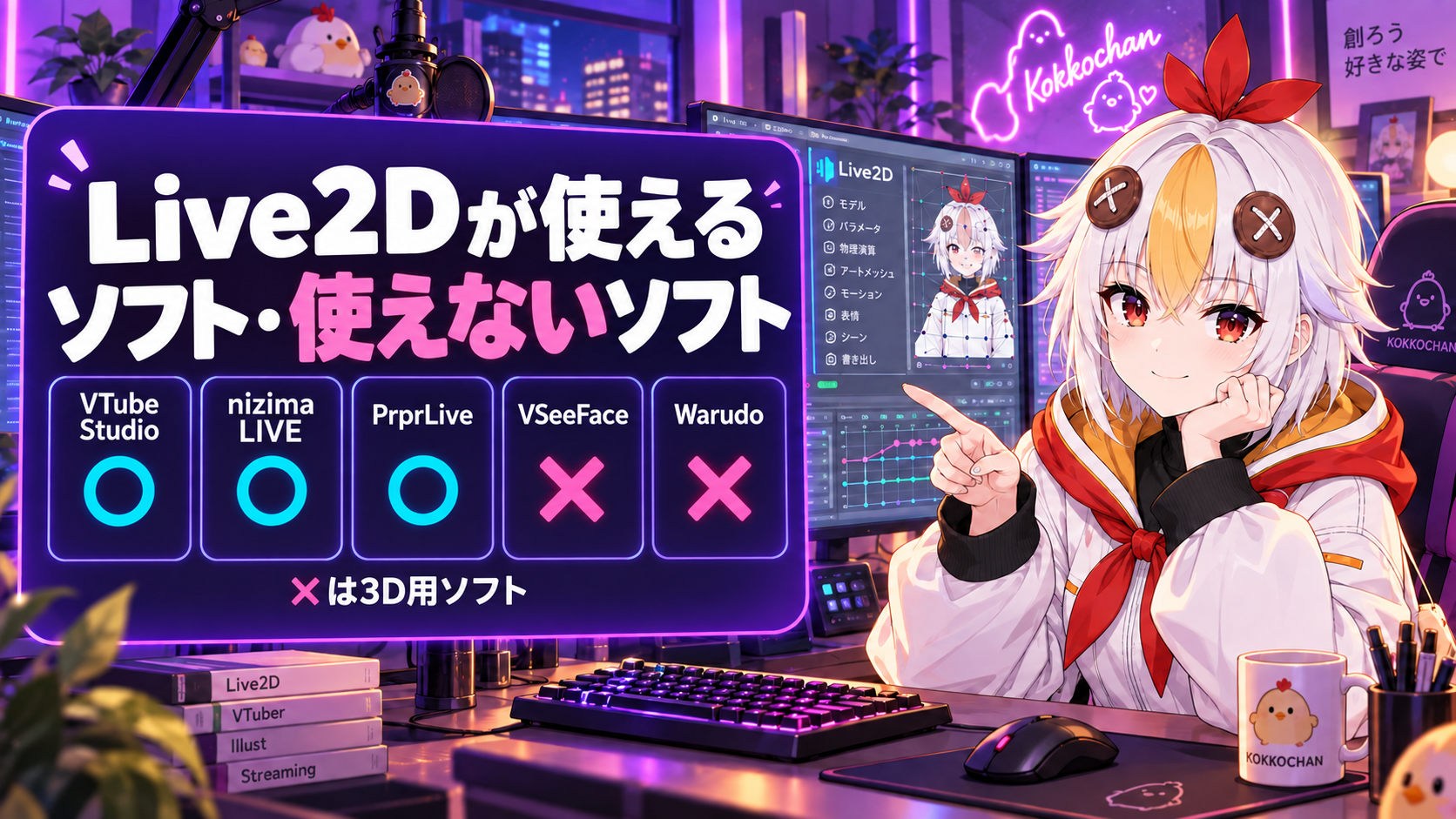 Live2Dが使えるソフトと使えないソフトを見比べているこっこちゃん