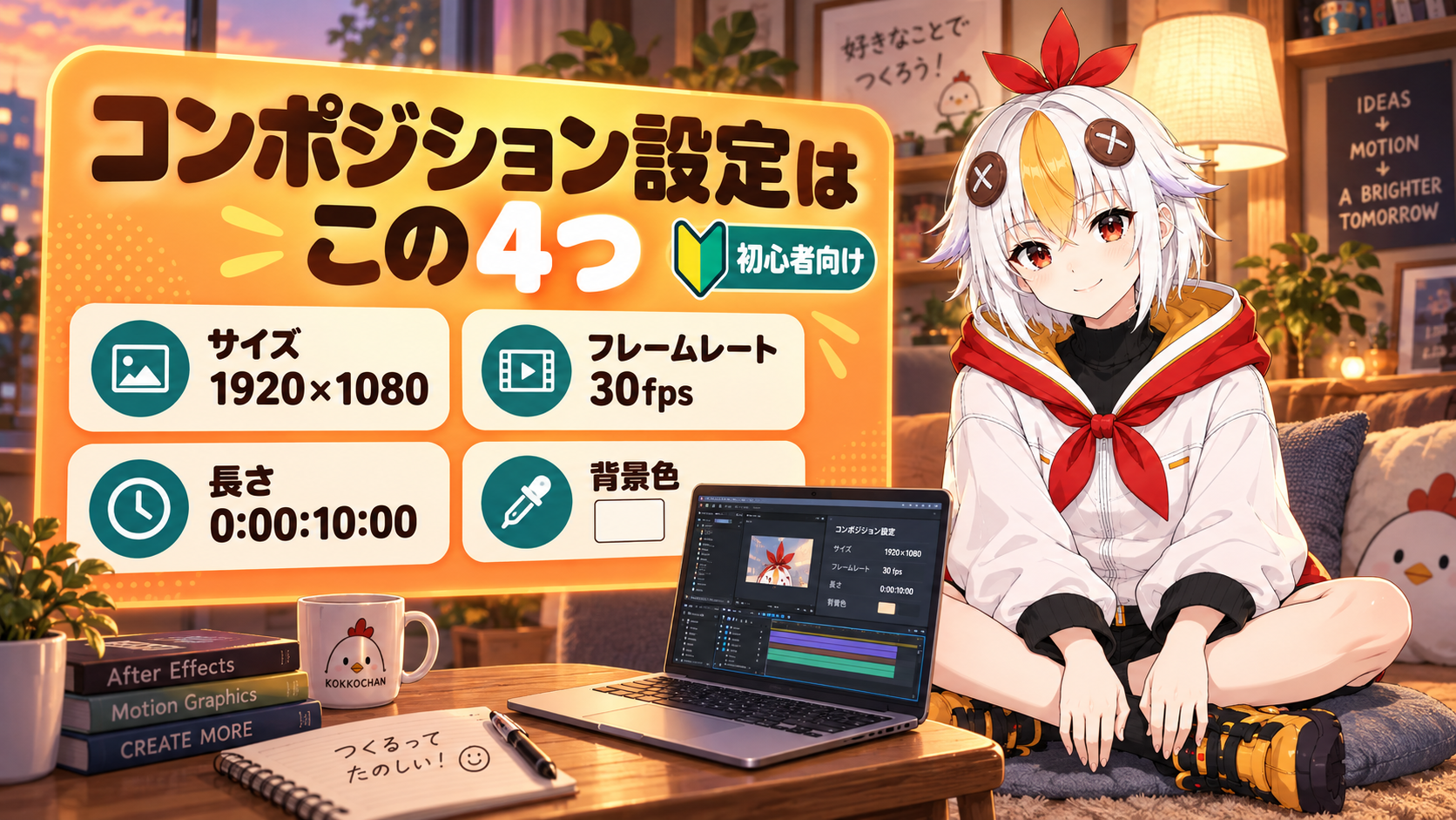 After Effectsのコンポジション設定画面を前に、サイズと時間を決めているこっこちゃん