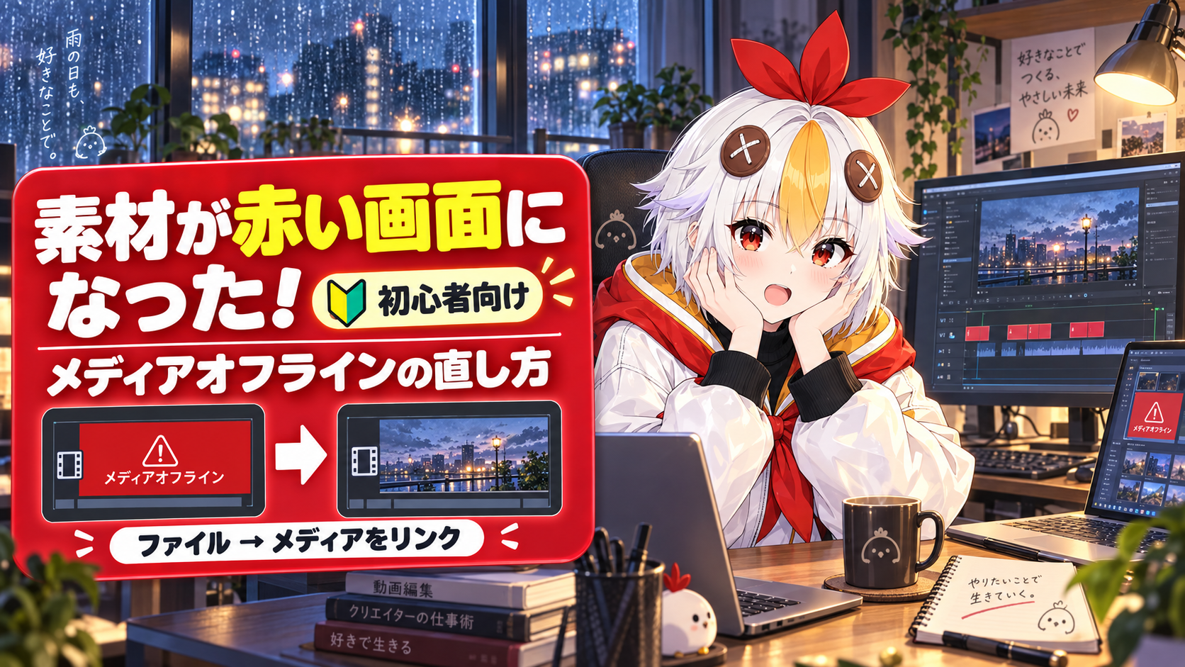 赤い画面になった素材を前に、落ち着いて再リンクの手順を確認しているこっこちゃん